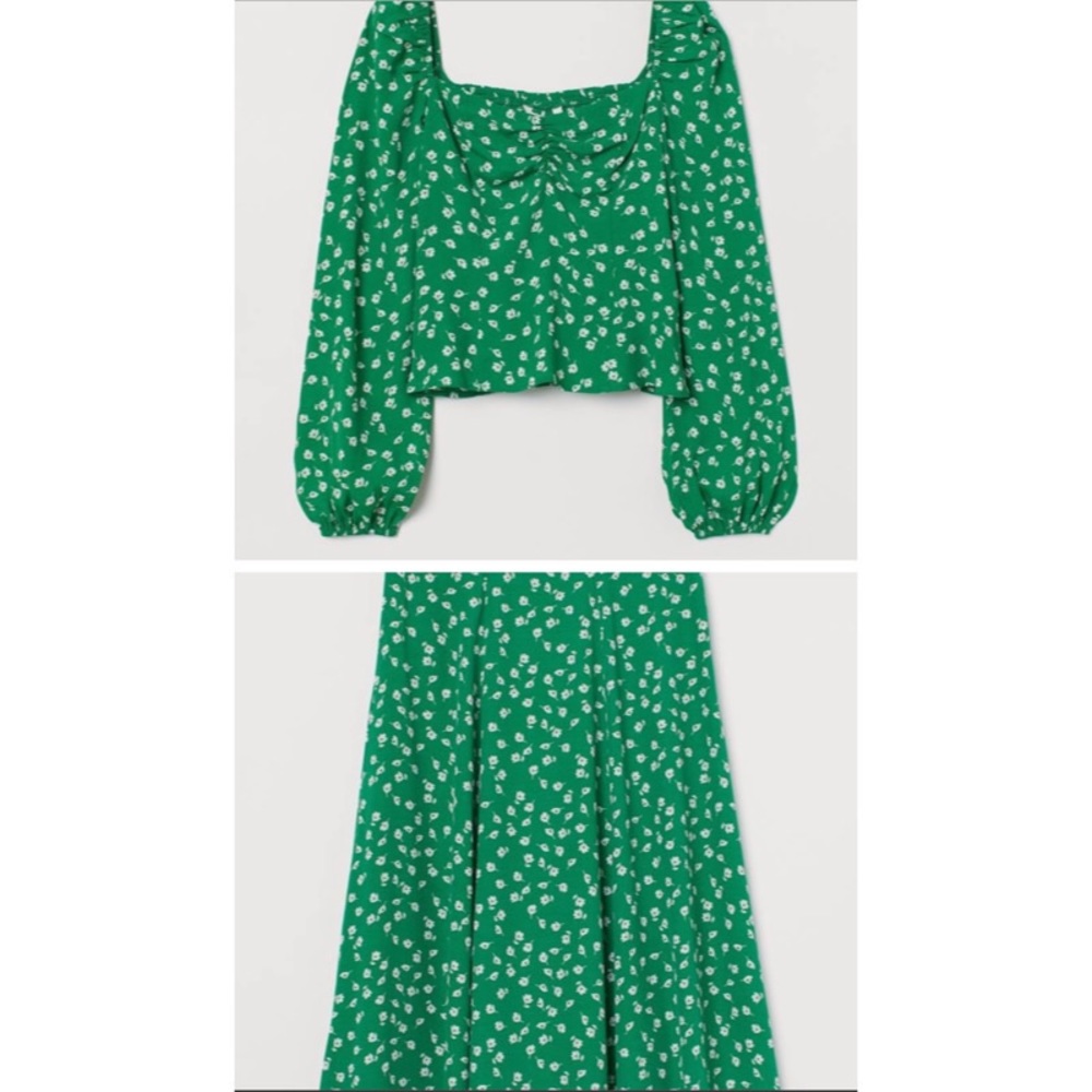 H&M Green Floral Top & Midi Skirt Set Size 6